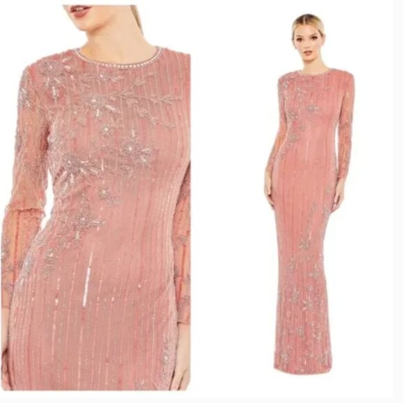 MAC DUGGAL 93626 EMBELLISHED HIGH NECK ILLUSIONS LONG SLEEVE ROSE GOWN sz 6 - Picture 2 of 8